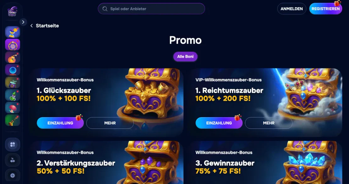 Bonusbereich auf der Website von wizardo.casino